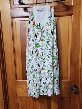 LOFT White Tropical Bird Print Midi Dress